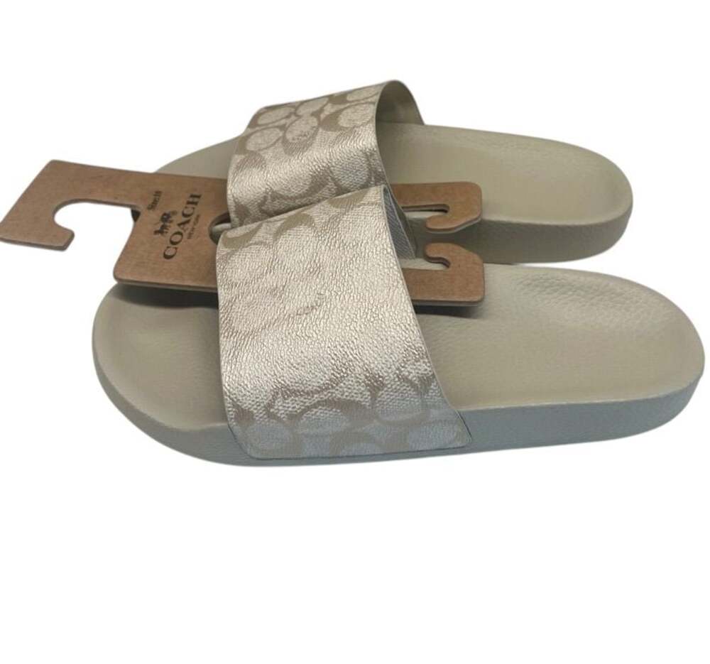 Coach Udele Signature Canvas Slide Sandals White Silver - Picture 3 of 7